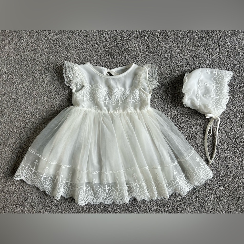 Laurenza’s Christening Gown & Baptism Dress with Coordinating Bonnet - White